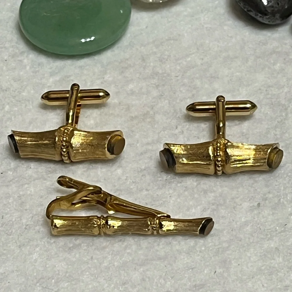 Swank Karat Gold Vintage Bamboo Tigers Eye Cufflinks Tie Clip